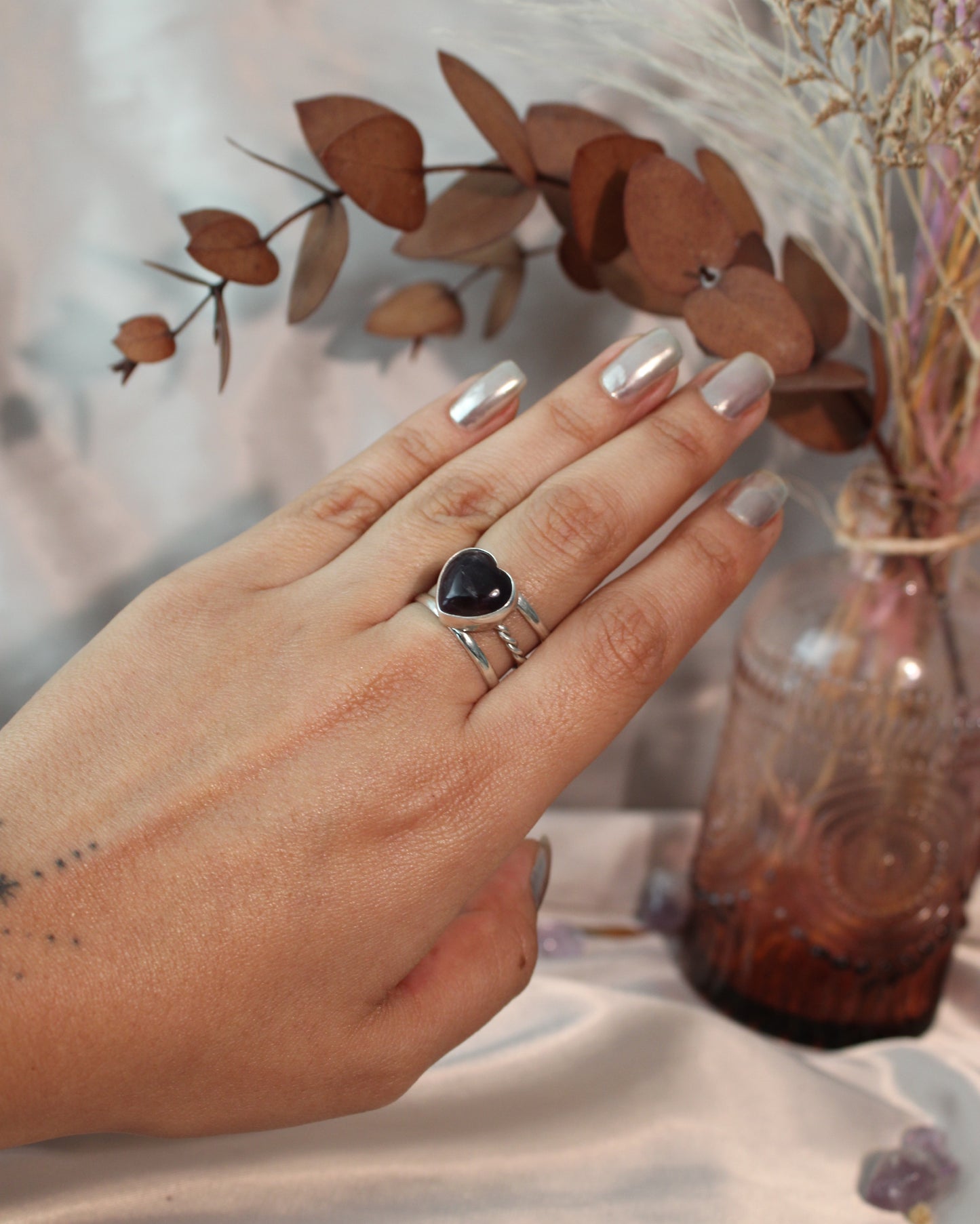 Anillo Cuarzo Corazón Ajustable - Plata .925